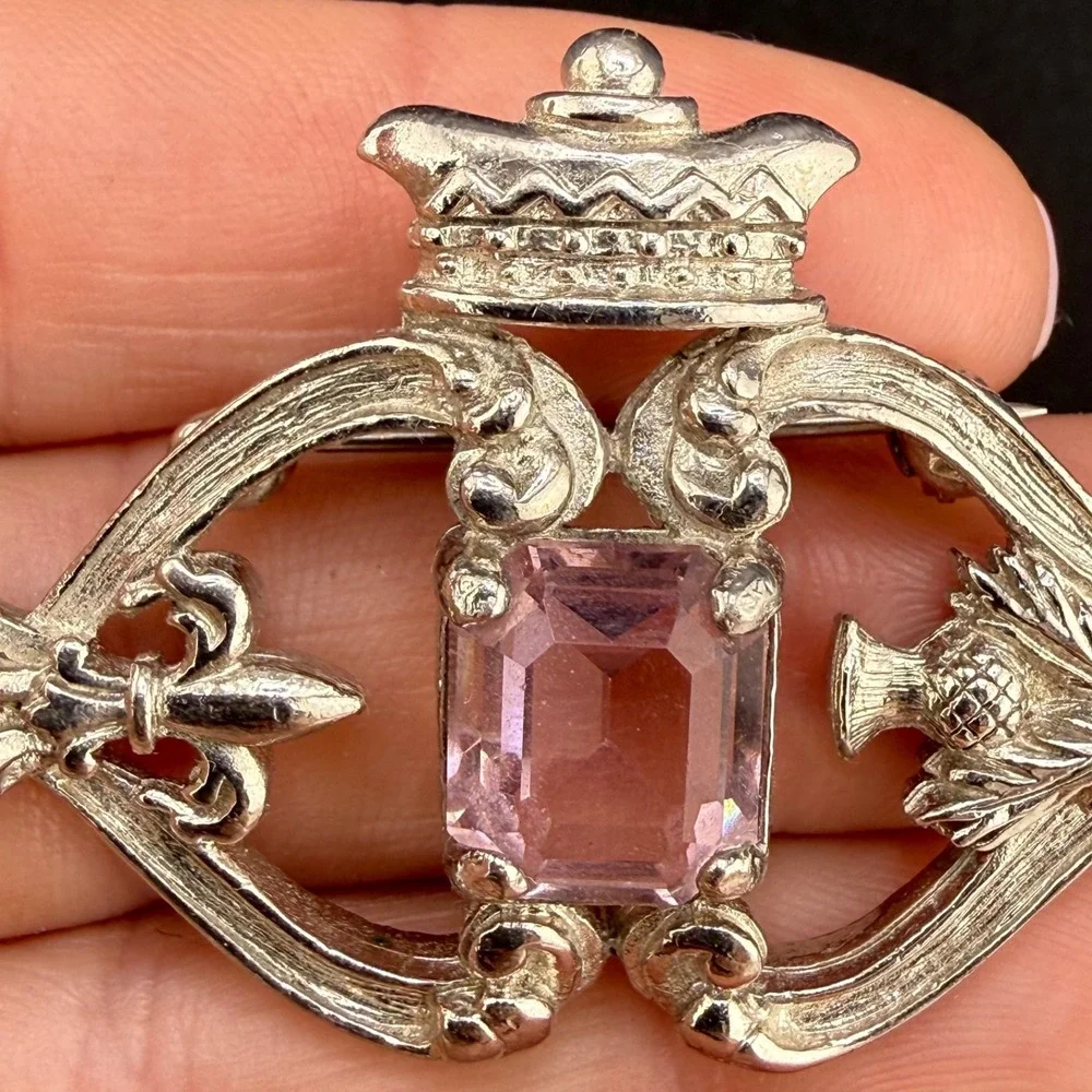 Vintage Scottish Luckenbooth Brooch Rhinestone Thistle Celtic Silver Tone